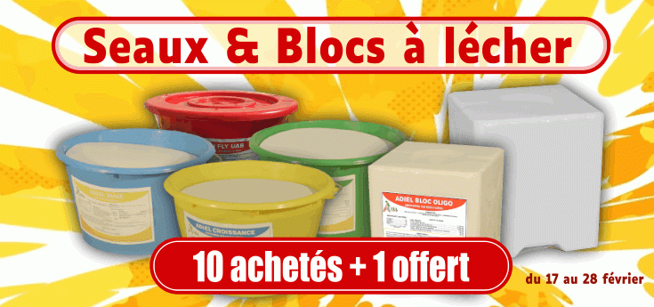 Promotion sur les seaux et pierres à lécher chez Adiel France.