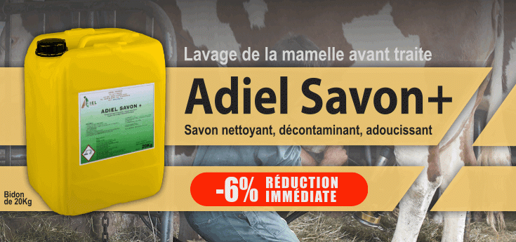 Adiel Savon décontaminant avant traite en promotion chez Adiel France